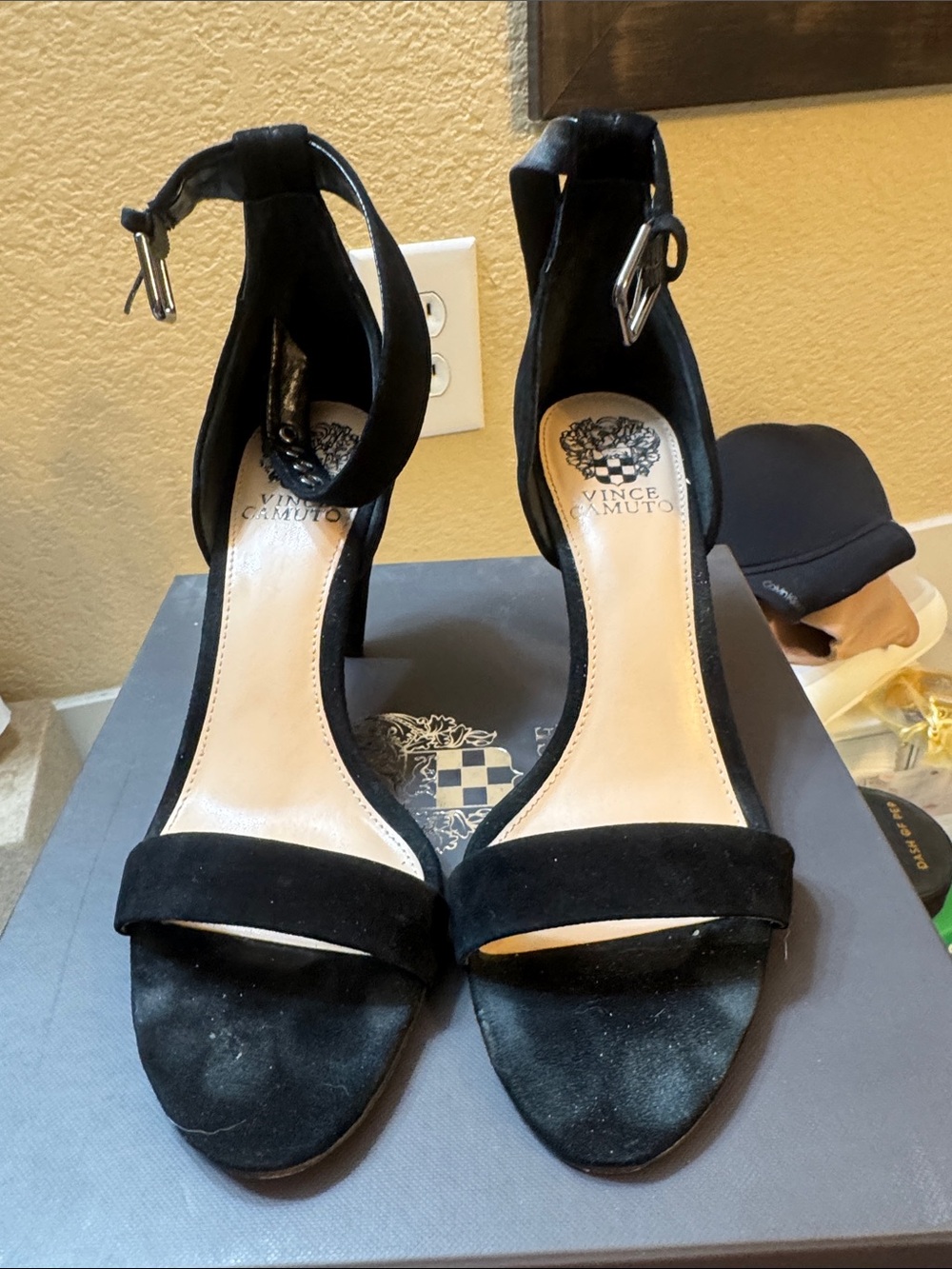 Vince Camuto Black Suede Open-Toe Ankle Strap Heels